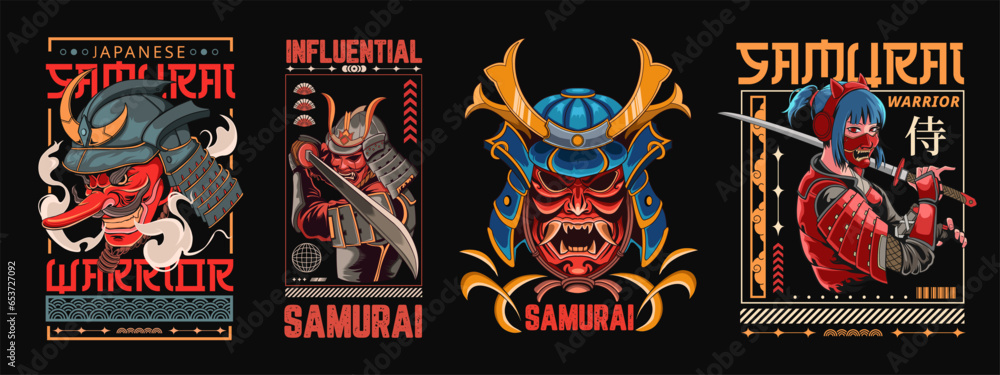 Samurai T-shirt Designs Bundle, Japanese Streetwear T shirt Designs Vector Pack, Samurai Artwork Graphic Tshirt Set