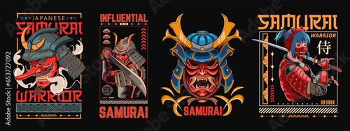 Samurai T-shirt Designs Bundle, Japanese Streetwear T shirt Designs Vector Pack, Samurai Artwork Graphic Tshirt Set