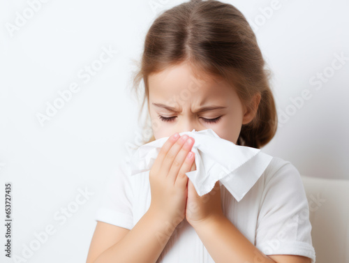 Sick girl blowing her nose with flu symptoms coughing on isolated white background