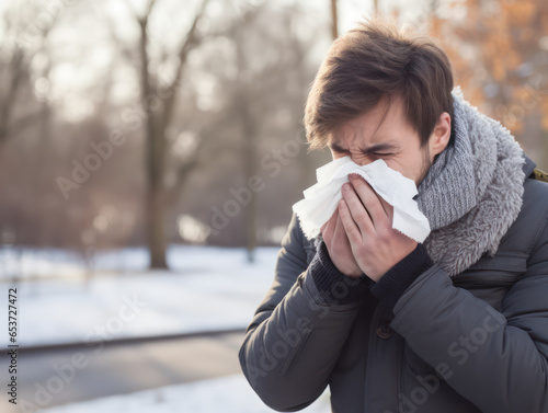 Young man fell ill and blew his nose into a tissue outdoors