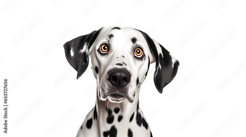Surprised dalmatian dog, close-up shot. Front view. Isolated on Transparent background.