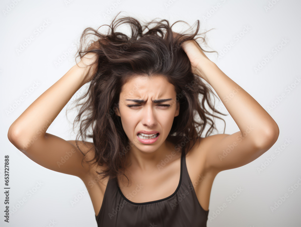 Pretty girl has terrible headache and negative face expression isolated on white background Pretty girl has terrible headache and negative face expression isolated on white background