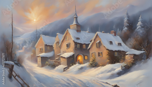 Sense of tranquility in the village as the soft snowfall muffles all sounds, creating a serene and peaceful ambiance © :)