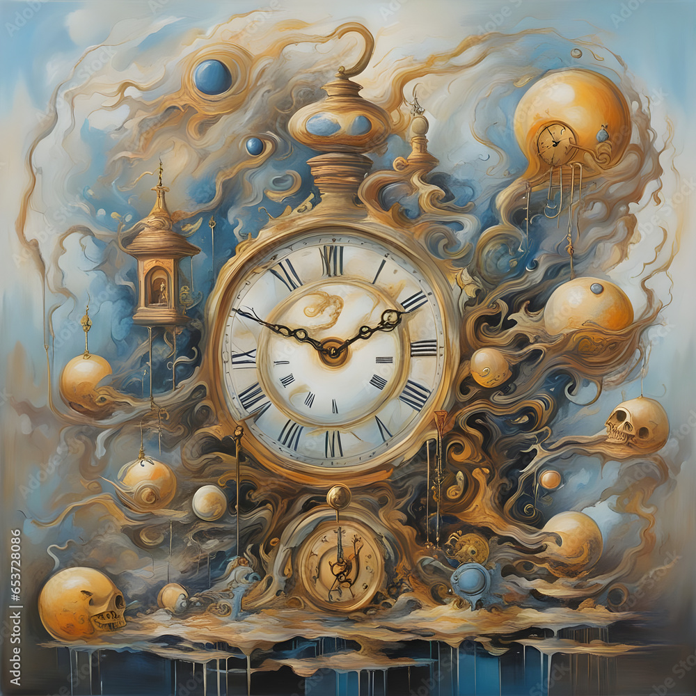 Surrealistic artwork with melting clocks, floating objects, and dreamlike elements.