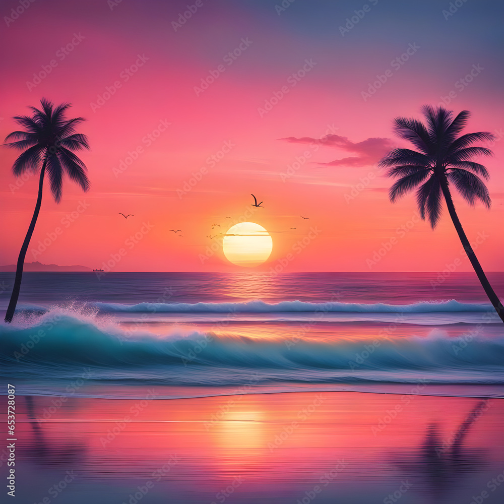 Sunset on the quiet beach with two palm trees with nice waves on the horizon, orange skies and vibrant pink