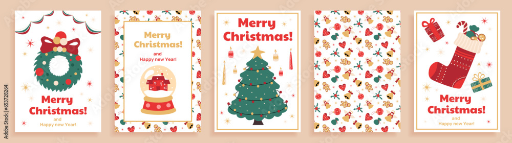 Set of Christmas holiday posters with cute drawings of the Christmas symbols, fir tree, decorative sock with gifts, wreath and seamless pattern. Vector prints, postcards, banners. Set of Christmas holiday posters with cute drawings of the Christmas symbols, fir tree, decorative sock with gifts, wreath and seamless pattern. Vector prints, postcards, banners.