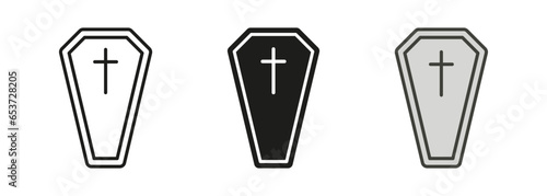Coffin Casket Line and Silhouette Icon Set. Halloween Holiday Decoration Black and Color Symbol Collection. Spooky Death, Wooden Grave, Funeral Pictogram. Isolated Vector Illustration
