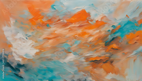 Abstract painting's surface, revealing an intricate tapestry of color and texture. The canvas comes alive with a vibrant interplay of pastel orange and turquoise, merging in captivating harmony