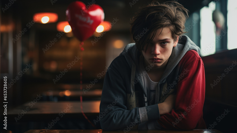 Sad boy. Teenager's first heartbreak concept