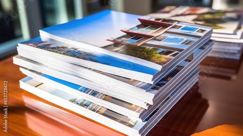 Stack of property brochures with vibrant images © valgabir