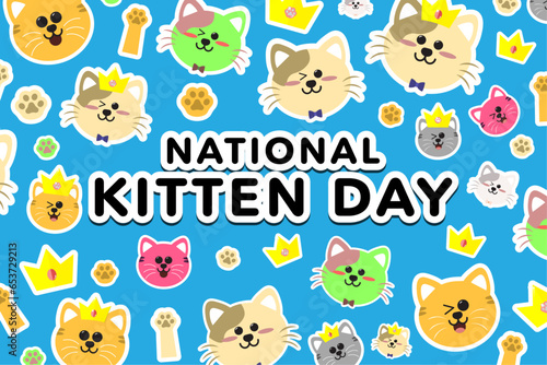Fototapeta Naklejka Na Ścianę i Meble -  Cute and Fun National Kitten Day Banner, celebrated on July 10th. Pattern of cute cartoon cats, kittens, cat paws, and crown. Editable Vector Illustration. 