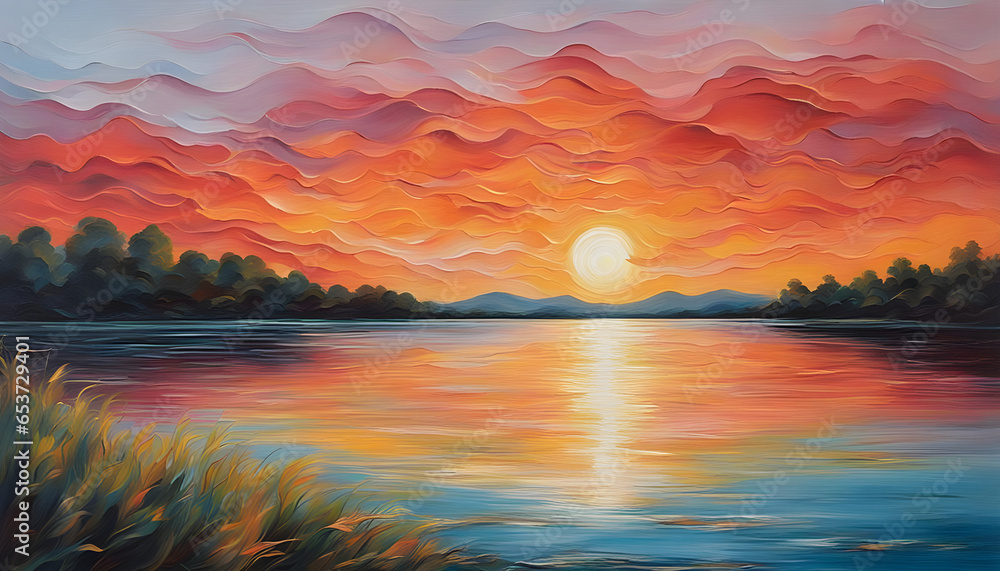 Digital art piece featuring a wavy background with the brilliant colors of a sunset reflecting in a serene lake. The interplay of waves and colors convey the serene beauty of this natural spectacle