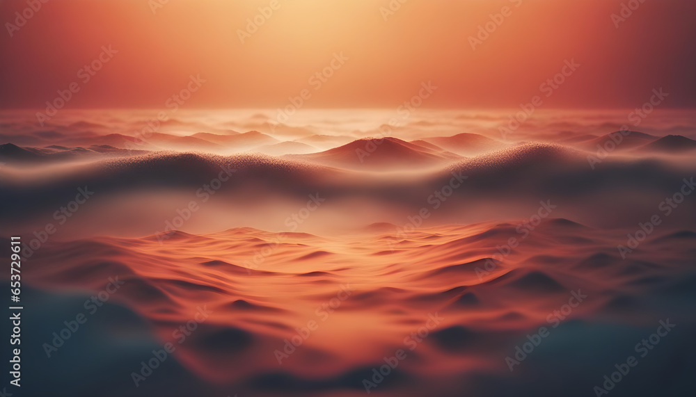 Desert landscape with wavy sand formations and a dramatic sunset, capturing the tranquil beauty of the arid wilderness