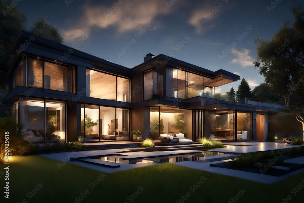 Beautiful home exterior in evening with glowing interior lights and landscaping  3D