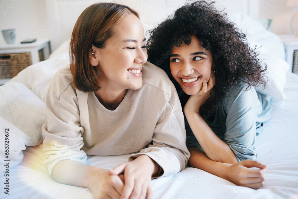 Lesbian, couple and bedroom for connection or happiness talking, communication or lgbtq. Gay women, connection together and unique queer identity love in apartment, relax or pride in home for morning Lesbian, couple and bedroom for connection or happiness talking, communication or lgbtq. Gay women, connection together and unique queer identity love in apartment, relax or pride in home for morning