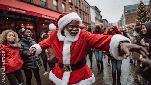 Santa Claus dancing festive at the street, surrounded by kids, wintertime. Christmas concept. Generative AI.