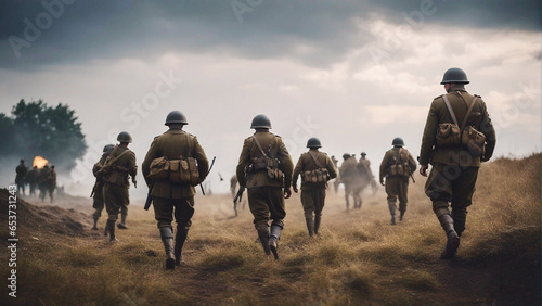 a group of soldiers moving through a field