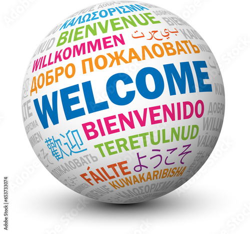 WELCOME colorful word cloud on sphere with translations on transparent background