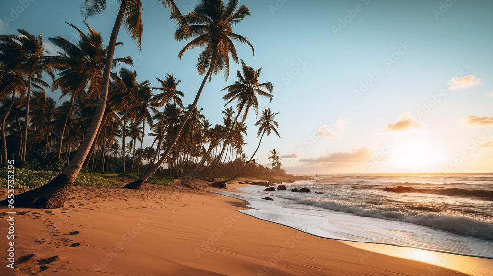 Fototapeta premium wide shot of a beach with palm trees and brown sand