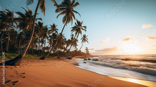 wide shot of a beach with palm trees and brown sand