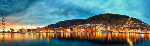 Bergen Bryggen harbor panorama at sunset, Norway