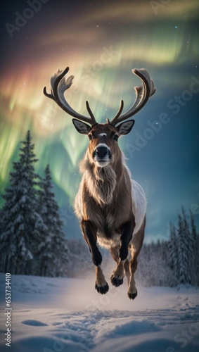 Flying reindeer in snowy northern light background