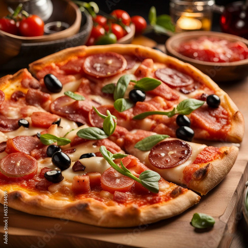 delicious sliced pizza with salami and tomatoes sauce