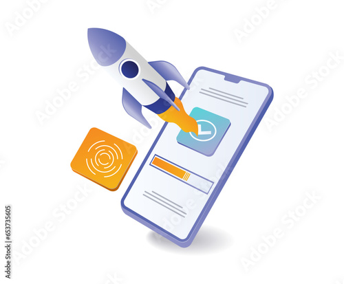 Business startup rocket launches from smartphone