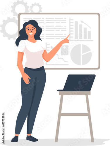 Flat vector illustration. Girl standing in front of a large banner and giving a presentation. Vector illustration