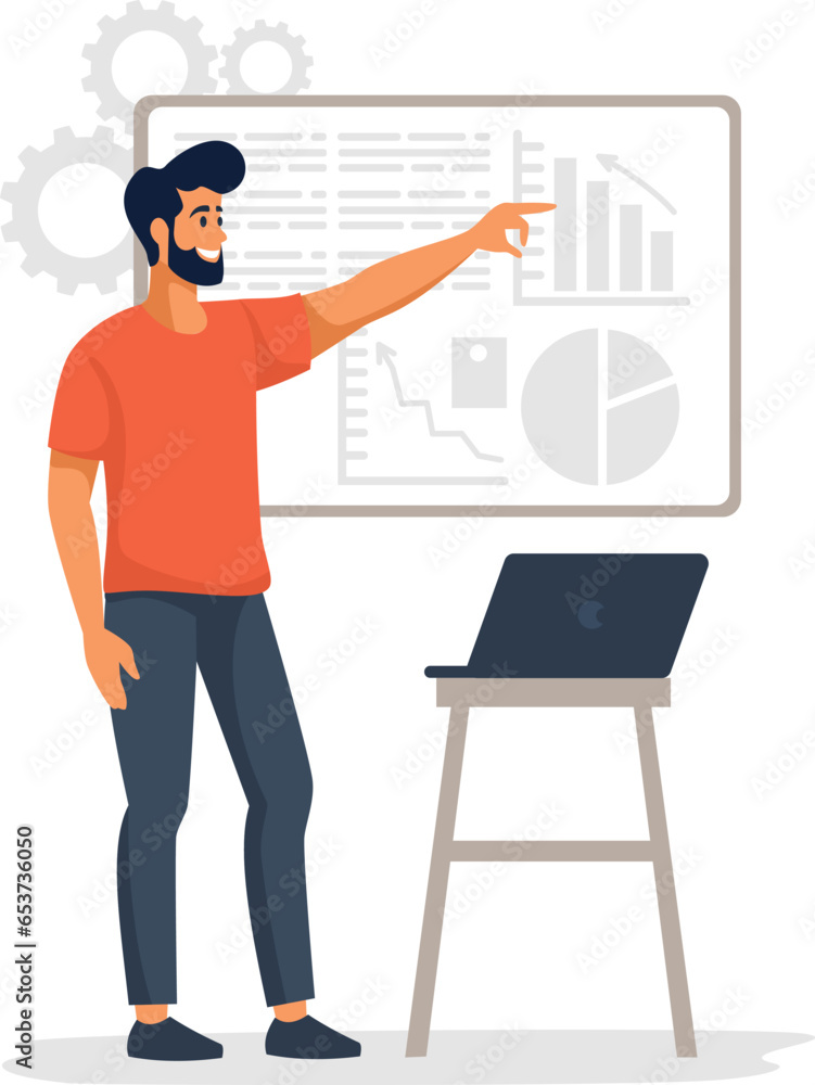 Flat vector illustration. Man standing in front of a large banner and giving a presentation. Vector illustration Flat vector illustration. Man standing in front of a large banner and giving a presentation. Vector illustration