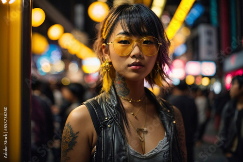 chica asiática de aspecto alternativo con bonitos tatuajes y gafas de sol amarillas, de pie en una calle de Tokio con neones por la noche. photo
