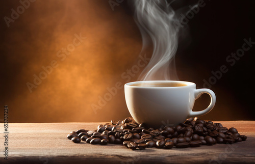 Warm steaming coffee and coffee beans