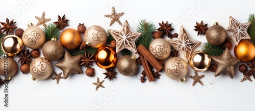 Christmas themed composition with decorations on white background seen from above photo