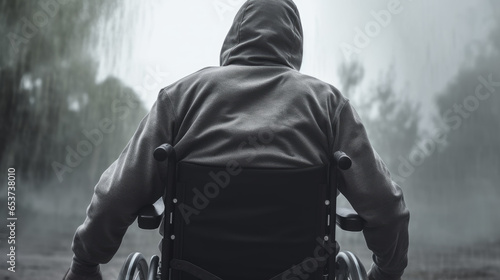 Back view of a man in a wheelchair with a physical disability and mobility disorder