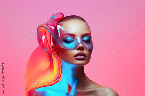Futuristic woman portrait with liquid neon element. Iridescent hues background. Ai generated image