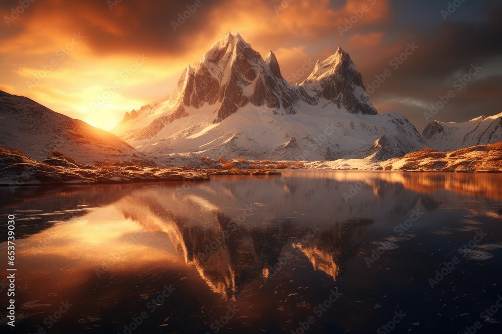 Professional photography of snowy mountains reflecting in a glacial lake