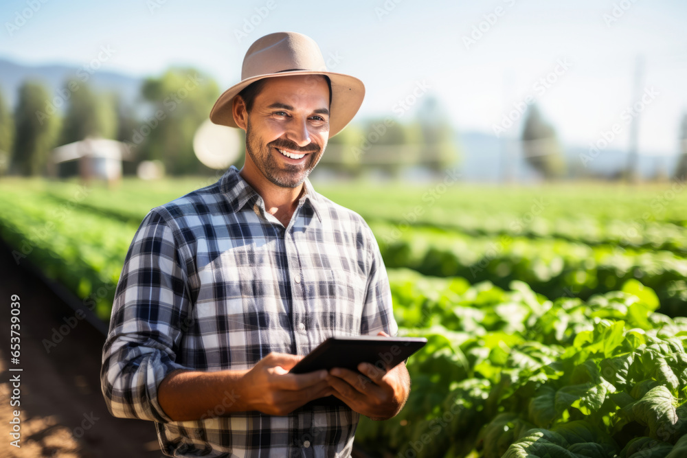 farmer standing in field and using tablet. Agricultural man working on the tablet farmer standing in field and using tablet. Agricultural man working on the tablet