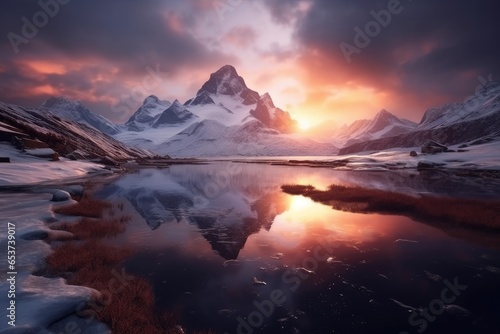 Professional photography of snowy mountains reflecting in a glacial lake © Alcuin