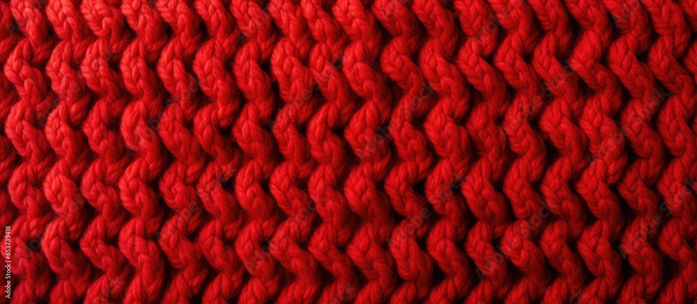 Hand knitted red wool fabric with a pattern texture - obrazy, fototapety, plakaty 