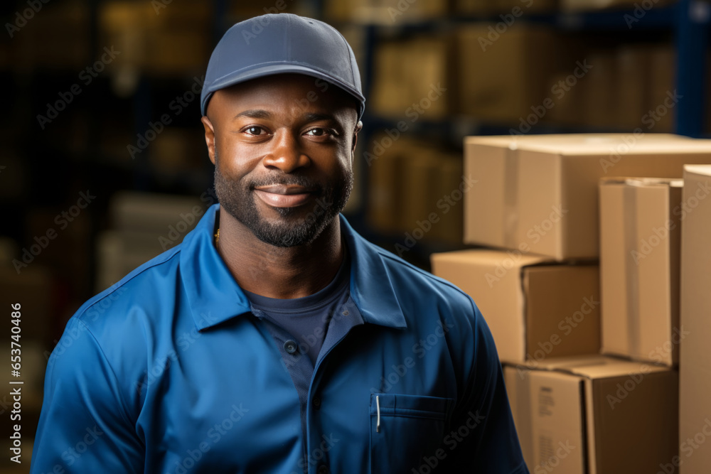 african american worker standing in warehouse full goods. Logistics Distribution Center african american worker standing in warehouse full goods. Logistics Distribution Center