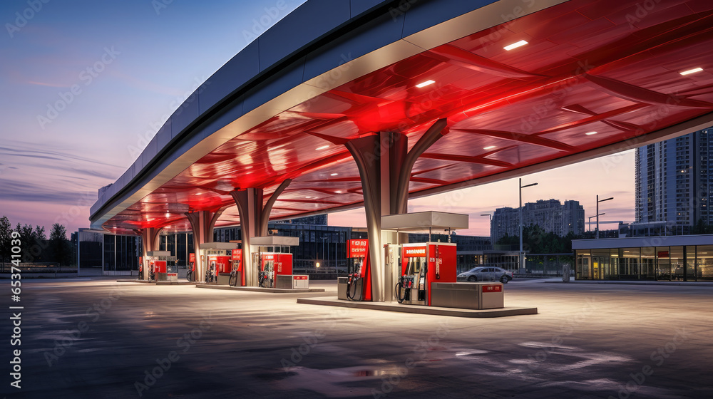 Generative AI, gas station at night, light of lanterns, gasoline pumps, modern urban architecture, petroleum products, refuel the car, fuel, convenience store, vehicle maintenance, space for text