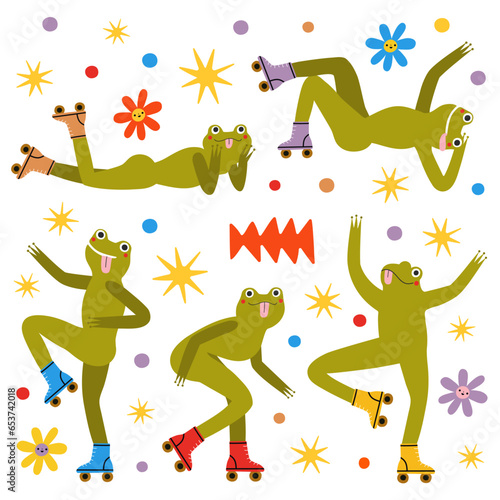 Vector illustration set with dancing rolling frogs, stars, flowers and doodle elements. Funny sticker pack design, apparel print collection
