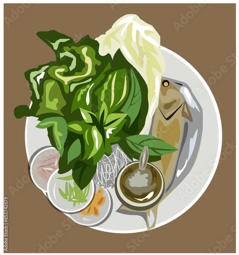 Vector illustration Mackerel Lettuce Wrap with Peanut Brittle Dressing aka Miang Pla Too