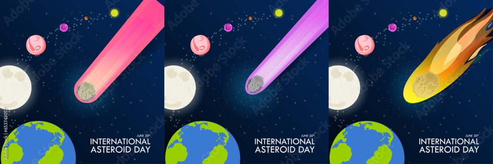 Naklejka premium Set of International Asteroid Day Greeting Cards, June 30th. Asteroid day collection. Different asteroids on space gradient background with stars and solar system. Vector Illustration. EPS 10. Square 