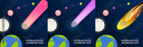 Set of International Asteroid Day Greeting Cards, June 30th. Asteroid day collection. Different asteroids on space gradient background with stars and solar system. Vector Illustration. EPS 10. Square 