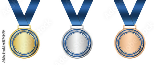 Gold, silver, and bronze medal. Realistic medal set. Prizes for winner. Award with ribbon. Vector illustration