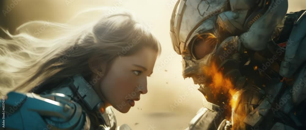 CU portrait of female military in futuristic outfit fighting with robot. Battle in ruined city. Futuristic war concept. Selective focus. High quality 4k footage CU portrait of female military in futuristic outfit fighting with robot. Battle in ruined city. Futuristic war concept. Selective focus. High quality 4k footage