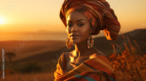 african woman with turban stands in a beautiful african sunset landscape