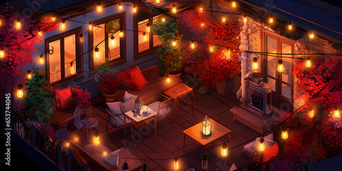  View of a comfortable outdoor  balcony with a table and chairs and lights  A Luxurious Balcony Retreat Adorned with Tables, Chairs, and Illuminating Lights AI Generative  © Faiza