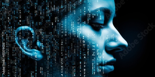 Exploring the Digital Landscape: A Woman's Face Emerges from the Blue Matrix, Symbolizing Data Visualization, Information Overload, and the Power of Data Science in the Information Age